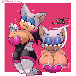 anthro bedroom_eyes between_breasts big_breasts bodily_fluids breasts cleavage clothed clothing dialogue female looking_at_viewer narrowed_eyes seductive solo sweat sweaty_breasts v3ltetantlers sega sonic_the_hedgehog_(series) rouge_the_bat bat mammal 1:1 hi_res