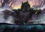 anthro athletic athletic_male bathing black_nose fur hot_spring male muscular muscular_male nude outside partially_submerged snow snowing solo water biggoodwolf xanrel_(xanrel_nightglow) canid canine canis mammal wolf