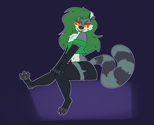 ambiguous_gender anthro black_clothing black_legwear black_lips black_nails bottomwear clothing colored_nails crop_top ear_piercing ear_ring femboy fur glowing glowing_eyes green_clothing green_hair green_shirt green_topwear grey_body grey_fur grin hair hotpants leg_stretch legwear lips long_hair male markings midriff nails piercing ring_piercing shirt shorts sitting smile solo stirrup_legwear striped_markings stripes tail thigh_highs topwear yellow_eyes metal_(artist) dimitri_nazthoron eldritch_being herpestid mammal mongoose