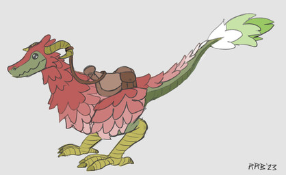 feathers feral horn mount red_body red_feathers reins saddle solo steed run_rabbit_bounce dinosaur lizard prehistoric_species reptile scalie