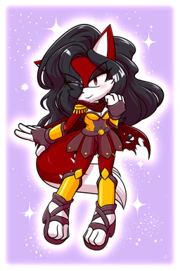 black_hair bottomwear clothing female footwear fur gold_(metal) hair long_hair multicolored_body red_body red_eyes red_fur sandals scarf shoes simple_background skirt solo sparkles xxkenthewolfxx sega sonic_the_hedgehog_(series) fan_character canid canine fox mammal absurd_res hi_res