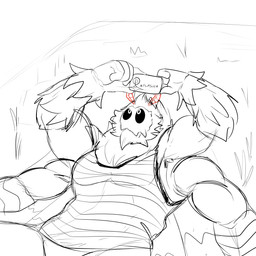 4_arms antennae_(anatomy) anthro barazoku beard body_hair clothed clothing facial_hair male multi_arm multi_limb muscular muscular_anthro muscular_male neck_tuft outside red_body shirt solo tank_top text topwear tuft wings zordykeaboo home_zomewhere_else mothoc arthropod insect lepidopteran moth 1:1 english_text hi_res sketch
