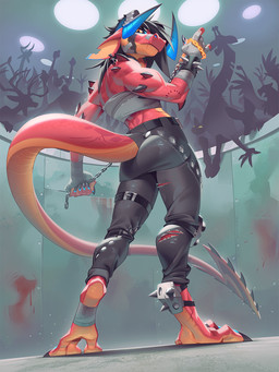3_toes 5_fingers anthro biped blood blood_stain bodily_fluids bottomwear butt butt_pose chain clothed clothed_anthro clothed_female clothing digitigrade feet female fingers furgonomic_bottomwear furgonomic_pants furgonomics horn long_tail muscular muscular_female notched_ear pose silhouette tail toes torn_clothing kyander mythology pyrexia_(furguest772) dragon mythological_creature mythological_scalie scalie 2025 3:4
