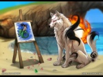 ambiguous_gender beach detailed_background digitigrade duo easel female feral fur heart_symbol outside painting quadruped sand seaside sky split_form tail water white_body white_fur grypwolf capcom clover_studio okami_(capcom) amaterasu_(okami) issun_(okami) canid canine canis deity mammal marine merfolk poncle wolf 2011 4:3