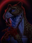 abstract_background anthro blood bodily_fluids claws fangs forked_tongue long_tongue looking_at_viewer male open_mouth saliva saliva_string solo teeth tongue tongue_out riorix cheetah felid feline hybrid mammal reptile scalie snake hi_res