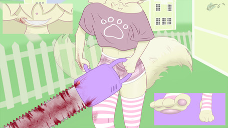 anthro chainsaw clothing femboy fluffy fluffy_tail gore legwear liminal_spaces male neck_tuft pawpads paws power_tool smile solo tail thigh_highs tools tuft eviljonte salem_(toysize) canid canine mammal 16:9 4k absurd_res hi_res widescreen