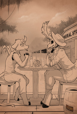 2_horns 5_fingers anthro antlers back_wings barefoot barrel belt biped black_text bone bottle bottomwear bow_tie breasts broken_horn building chair clasped_hands clothed clothed_anthro clothed_female clothed_male clothing cloud cloven_hooves collarbone container cup day denim denim_bottomwear denim_clothing denim_shorts drinking_glass duo exposed_muscle eye_contact eyebrows feet female female_anthro fingers flannel_shirt floppy_ears flower fur furniture glass glass_container glass_cup hand_under_chin hat headgear headwear hooved_fingers hooves horn humanoid_hands interlocked_fingers jeans looking_at_another male male_anthro medium_breasts outside pants plant shirt shorts sign sitting skull skull_head sleeveless_shirt snout store table tail teeth text toothpick toothpick_in_mouth topwear torn_bottomwear torn_clothing torn_jeans torn_pants torn_shirt torn_topwear torn_wing tree unguligrade wings posspowered american_mythology indigenous_north_american_mythology mythology north_american_mythology josey_deville_(posspowered) winne_decoux_(posspowered) bovid caprine cryptid deer jersey_devil mammal undead wendigo absurd_res english_text greyscale hi_res monochrome sepia