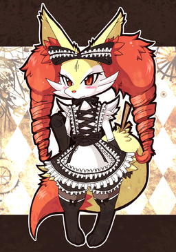 3_fingers 3_toes alternative_fashion ambiguous_anthro ambiguous_gender anthro arm_tuft armwear biped black_body black_fur black_stocking blush bow_ribbon cheek_tuft chest_tuft clothed clothed_anthro clothed_female clothing digitigrade dipstick_tail drill_curls elbow_gloves eyelashes facial_tuft feet female fingers flat_chested fluffy fluffy_tail frilly frilly_clothing front_view fully_clothed fully_clothed_anthro fully_clothed_female fur gloves goth gothic_lolita hair handwear inner_ear_fluff j-fashion lolita_(fashion) lolita_dress looking_at_viewer maid_apron maid_headdress maid_uniform markings multicolored_body multicolored_fur object_in_tail orange_body orange_eyes orange_fur orange_nose orange_tail outline pointy_ears prick_ears shoulder_tuft snout solo standing stick stick_in_tail tail tail_markings toes tuft two_tone_tail uniform white_body white_fur yellow_body yellow_fur yellow_tail otama nintendo pokemon braixen canid generation_6_pokemon mammal pokemon_(species) 2016 cel_shading digital_drawing_(artwork) digital_media_(artwork) full-length_portrait japanese_description portrait shaded