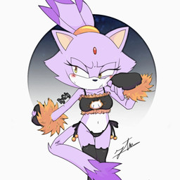 anthro black_clothing black_gloves black_handwear black_nose blush breasts cat_cutout cat_lingerie cleavage_cutout clothing cutout dipstick_tail eyelashes female fingerless_gloves forehead_gem front_view fur gem gloves handwear lingerie markings navel nipple_outline purple_body purple_fur simple_background solo tail tail_markings white_background white_body white_clothing white_fur white_gloves white_handwear yellow_eyes caly_(artist) zeunnert_tw sega sonic_the_hedgehog_(series) blaze_the_cat domestic_cat felid feline felis mammal 1:1 hi_res