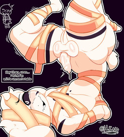 2_horns anthro balls balls_outline bandage bandaged_arm bandaged_face bandaged_leg big_butt black_background black_body black_fur black_sclera blush bottomwear bulge butt clothed clothing detailed_bulge duo erection erection_under_clothing femboy fur genital_outline genitals hair horn looking_at_another looking_at_viewer male male/male multicolored_body multicolored_fur nude penis restrained short_tail shorts simple_background sweater tail text text_box thick_thighs three-quarter_view tongue topwear two_tone_body two_tone_fur upside_down white_body white_ears white_eyes white_fur white_hair white_horn white_nose white_tail karikhuri undertale undertale_(series) asriel_dreemurr asriel_dreemurr_(god_form) chara_(undertale) boss_monster_(undertale) bovid caprine goat human mammal 2025 artist_name digital_media_(artwork) english_text