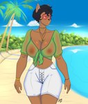 absurd_res anthro beach big_breasts breasts clothing detailed_background domestic_cat eyewear felid feline felis female glasses gulasauce gulasauce_(artist) hi_res mammal mia_helsinki nipples seaside solo thick_thighs translucent translucent_clothing