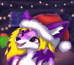 anthro blonde_hair christmas_clothing christmas_headwear christmas_present clothing dominoaive_(notdr27) female fluffy fur gift gradient_hair hair happy hat headgear headwear holidays inner_ear_fluff light lights purple_body purple_eyes purple_fur purple_hair santa_hat smile solo tuft joeumbre christmas fan_character canid canine fox mammal hi_res lighting shaded