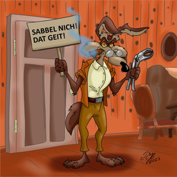 3_toes 4_fingers anthro belt black_claws black_nose bottomwear brown_body brown_fur chair cigar cigar_in_mouth claws clothed clothing door eyewear feet fingers fur furniture glasses holding_object holding_tool inside jacket looking_at_viewer male multicolored_body multicolored_fur object_in_mouth pants pliers shirt sign smoke smoking smoking_cigar sofa solo standing table text toes tools topwear wearing_glasses yellow_eyes blaueratte looney_tunes warner_brothers wile_e._coyote canid canine canis coyote mammal 1:1 german_text translated