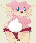 2022 aka_leopard anthro audino blue_eyes blush clothed clothing female fingers fluffy fluffy_tail fur generation_5_pokemon hi_res letterbox looking_back nintendo open_mouth pink_body pink_skin pokemon pokemon_(species) red_clothing red_underwear simple_background solo standing tail underwear underwear_only white_body white_fur white_tail