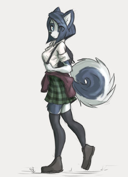 anthro arm_tuft backpack black_nose blue_eyes bottomwear breasts clothed clothing curled_tail elbow_tuft eyebrow_through_hair eyebrows female footwear fur furgonomics grey_background grey_body grey_fur hair hair_over_eye legwear looking_back multicolored_body multicolored_fur one_eye_obstructed plantigrade shirt shoes short_hair simple_background skirt solo tail tail_through_skirt thigh_highs topwear translucent translucent_hair tuft two_tone_body two_tone_fur walking white_body white_fur tinygaypirate suvi_(tinygaypirate) canid canine canis domestic_dog husky mammal nordic_sled_dog spitz absurd_res hi_res