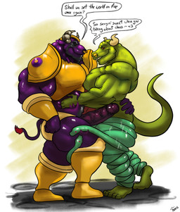 abs anthro armor barefoot biceps big_muscles big_pecs big_penis butt butt_focus clothed clothing coiling coiling_around_body coiling_around_leg dialogue duo erection evil_grin feet genitals gold_(metal) gold_armor goo_covered green_body hand_on_abs hand_on_butt horn hug hugging_another humanoid_genitalia humanoid_penis lats_(muscle) male male/male muscular muscular_anthro muscular_arms muscular_male muscular_thighs omic pecs penis piercing plate_armor purple_body red_eyes romantic romantic_couple simple_background smile speech_bubble speedo surrounded swimwear tail teeth tentacles text topwear transformation unconvincing_armor villainous uniparasite bovid bovine cattle demon goo_creature mammal monster reptile scalie snake snake_demon symbiote digital_media_(artwork) english_text hi_res sketch