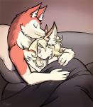 anthro bed duo eyes_closed furniture hair hug lying simple_background sleeping kittellox_(artist) blake_(saltedcaramelfox) blanche_(kittellox) canid canine canis domestic_dog fox husky mammal nordic_sled_dog spitz