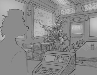 anthro burger female food solo mootsider estelle_(mootsider) canid canine canis domestic_dog lagomorph leporid mammal rabbit absurd_res hi_res monochrome