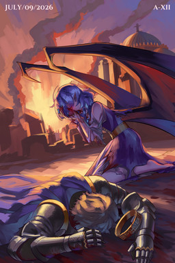 armor blood blood_on_clothing blood_on_face blood_on_hand blue_clothing blue_dress blue_hair bodily_fluids building cape clothing corpse covering covering_face crown death dress duo female fire gauntlets gloves hagia_sophia hair handwear headgear humanoid_pointy_ears kneeling lying male membrane_(anatomy) membranous_wings on_front pointy_ears red_eyes seiza sharp_teeth sitting smoke teeth text torn_clothing torn_dress wings a-xii touhou remilia_scarlet human humanoid mammal vampire winged_humanoid 2026 2:3 absurd_res artist_name dated hi_res