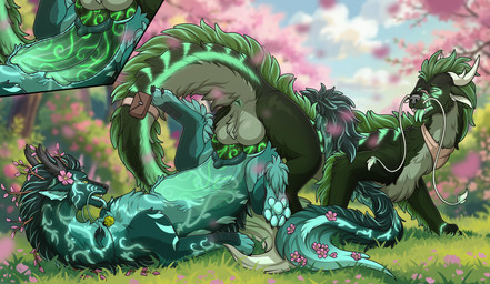 anal anal_penetration animal_genitalia animal_vulva antlers anus balls black_antlers black_horn blue_anus blue_body blue_fur blue_vulva canine_genitalia canine_vulva duo female feral fur genitals grass green_anus green_body green_fur horn looking_at_another male male/female penetration perineum plant vaginal vaginal_penetration vulva white_horn fridaflame mythology cresilence_(axlolotl) sycamore_(wanishi) dragon eastern_dragon furred_dragon furred_scalie mythological_creature mythological_scalie scalie hi_res