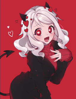 5_fingers black_horn bodily_fluids bottomwear breasts business_suit clothed clothing eyebrows fangs female fingers fully_clothed hair heart_eyes heart_symbol horn leaning leaning_forward looking_at_viewer not_furry open_mouth red_background red_eyes short_hair simple_background skirt solo spade_tail standing suit sweat sweater tail teeth topwear turtleneck white_body white_eyebrows white_hair white_skin 217sian helltaker modeus_(helltaker) demon demon_humanoid humanoid absurd_res hi_res