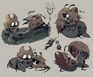 animal_genitalia antennae_(anatomy) blush blush_lines bodily_fluids cuddling cum duo frottage genital_fluids genital_slit genitals handjob holding_object holding_weapon hood horn hug looking_pleasured male male/male on_model penile penises_touching sex shawl simple_background weapon darkafsun hollow_knight:_silksong hollow_knight_(franchise) team_cherry arthropod dreg_catcher insect thread_raker 6:5 absurd_res hi_res