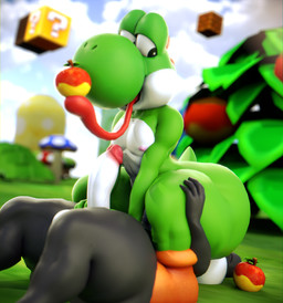anthro black_body black_skin block duo facesitting food fruit genitals green_body green_skin male male/male penis plant shrub sitting_on_another tongue tongue_out wide_hips doommusk mario_bros nintendo lire_(doommusk) dinosaur prehistoric_species reptile scalie yoshi 3d_(artwork) absurd_res blender_(artwork) digital_media_(artwork) hi_res