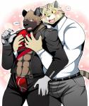 5_fingers abs anthro anthro_on_anthro belt black_nose blush bottomwear bulge claws clothed clothing duo fangs fingers heart_symbol hug male male/male muscular muscular_male open_mouth pants simple_background teeth underwear undressing unzipped unzipped_pants zipper bearlovestiger13 aggretsuko sanrio haida_(aggretsuko) manumaru felid feline hyena mammal pallas's_cat spotted_hyena