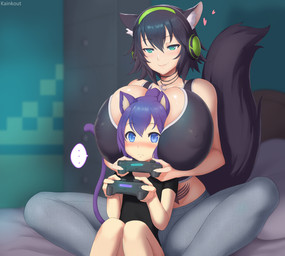 age_difference ambiguous_gender bed between_breasts big_breasts blush breasts clothed clothing controller duo electronics ellipsis female furniture game_controller gaming headphones heart_symbol huge_breasts inner_ear_fluff inside larger_female nipple_outline on_bed playing_video_game size_difference smaller_ambiguous tuft young kainkout arisa_(sukkurokun) animal_humanoid cat_humanoid felid felid_humanoid feline feline_humanoid humanoid mammal mammal_humanoid character_request