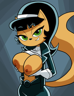 accessory anthro areola bedroom_eyes belt belt_buckle big_breasts black_bottomwear black_clothing black_hair black_jacket black_pants black_topwear bottomwear breasts buckle clothed clothing clothing_lift female flashing flashing_breasts fur gloves green_eyes hair hair_accessory hairband handwear holding_breast jacket looking_at_viewer narrowed_eyes nipples open_mouth orange_areola orange_body orange_fur orange_nipples pants seductive solo sweater topwear white_clothing white_gloves white_handwear white_sweater white_topwear inker_comics nickelodeon t.u.f.f._puppy kitty_katswell domestic_cat felid feline felis mammal 2026 absurd_res hi_res