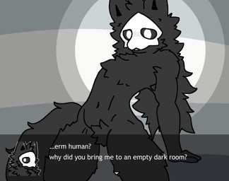 anthro confusion dialogue gesture latex liquid_latex looking_at_viewer male pose solo suggestive suggestive_gesture suggestive_pose text thighs_spread fallonheels changed_(video_game) puro_(changed) canid canine goo_creature mammal digital_media_(artwork) english_text