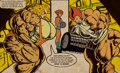 anthro big_muscles breasts dialogue exercise female female_focus group growth huge_muscles hyper hyper_muscles male muscle_growth muscular nipples text trio weightlifting workout aaat-da thundercats cheetara lion-o wilykit domestic_cat felid feline felis mammal english_text