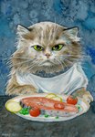 ambiguous_gender fish_meat food food_on_plate fruit fur green_eyes large_pupils legume lemon_slice looking_at_viewer meat pea_(food) plant plate solo suspicious tan_body tan_fur tomato vegetable vigilante watercolor_background dimasbka domestic_cat felid feline felis mammal 2023 hi_res painting_(artwork) traditional_media_(artwork) watercolor_(artwork)