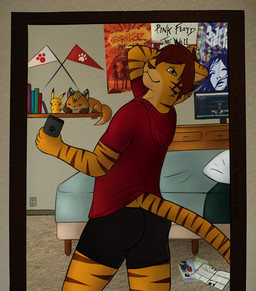 bed bedroom book brown_eyes cellphone clothing ear_piercing electronics furniture hair hoodie inside long_tail male monitor outlet phone piercing plushie poster shelf smartphone solo tail text topwear mytigertail gorillaz nintendo pink_floyd pokemon the_wall_(album) gabe_(mytigertail) canid canine felid fox generation_1_pokemon mammal pantherine pikachu pokemon_(species) tiger 2014 english_description english_text wallpaper