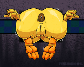 anal_fluids anthro anus avian_feet big_butt bodily_fluids brown_anus butt feet female genitals machine nude orange_feet rear_view solo stuck sweat sweatdrop thick_thighs through_wall vulva wide_hips yellow_body trekismog five_nights_at_freddy's five_nights_at_freddy's_2 scottgames toy_chica_(fnaf) animatronic avian bird chicken galliform phasianid robot 5:4 hi_res