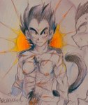 andromorph bodily_fluids crossgender intersex mta_crossgender mti_crossgender nipples solo sun sweat tail shonencore dragon_ball humanoid saiyan tailed_humanoid colored_pencil_(artwork) hi_res traditional_media_(artwork)