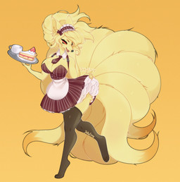 anthro big_breasts big_tail breasts cake cleavage clothed clothing container cup dessert digitigrade dipstick_tail feet female food fur hair legwear markings mug multi_tail necktie pokemorph red_eyes small_waist solo stockings tail tail_markings thick_thighs waitress_uniform yellow_body yellow_fur jellyenvy nintendo pokemon generation_1_pokemon ninetales pokemon_(species) hi_res