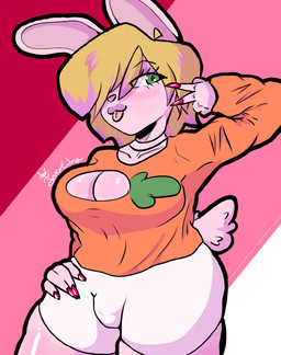 anthro blonde_hair breasts bulge clothing colored_nails genital_outline green_eyes gynomorph hair intersex nails pink_body pose smile solo torso_shot anonymous_artist milky_rivas lagomorph mammal