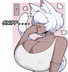 big_breasts breasts brown_body brown_skin cleavage clothed clothing female fur hair huge_breasts inner_ear_fluff shirt sniffing_sweat stitch_(sewing) tank_top topwear tuft white_body white_fur white_hair igxxiii animal_humanoid cat_humanoid felid felid_humanoid feline feline_humanoid humanoid mammal mammal_humanoid patchwork_creature absurd_res hi_res