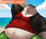 anthro beach belly blush bottomwear clothing cloud countershading grey_body male navel outside overweight overweight_anthro overweight_male seaside shirt shorts solo topwear water wet shibadoodles dreamworks the_bad_guys mr._shark_(the_bad_guys) fish marine shark 2022