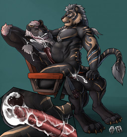 anal anal_orgasm anal_penetration animal_genitalia animal_penis anthro anthro_on_anthro anthro_penetrated anthro_penetrating anthro_penetrating_anthro armpit_hair bared_teeth belly big_belly black_body black_fur black_nipples black_pawpads bodily_fluids body_hair brown_pawpads chair chest_hair cum cum_in_ass cum_inflation cum_inside cum_on_own_penis cum_on_penis cum_on_self cum_splatter cumshot cutaway duo ejaculation equine_genitalia equine_penis eyes_closed fur furniture genital_fluids genitals grey_hair hair hand_behind_head hands-free humanoid_genitalia humanoid_penis hybrid_genitalia hybrid_penis inflation internal male male/male male_anthro male_penetrated male_penetrating male_penetrating_male muscular muscular_anthro muscular_male nipples nude office_chair on_chair open_mouth orgasm pawpads penetration penile penile_penetration penile_spines penis penis_in_ass red_penis sex simple_background sitting sitting_on_chair tail tail_tuft teal_background teeth tuft white_hair hufnaar felid lion mammal pantherine 2023 dated hi_res