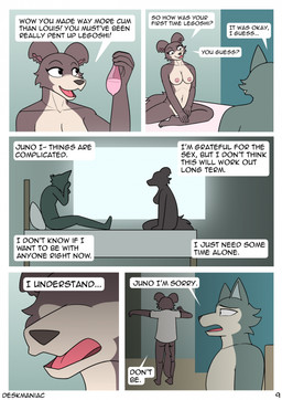 5_fingers after_sex anthro anthro_on_anthro barefoot bed bodily_fluids bottomless bottomless_anthro bottomless_female breasts brown_body brown_fur butt clothed clothing condom confession conflicted dialogue dominant dressing duo feet female female_anthro filled_condom fingers fur furniture genital_fluids grey_body grey_fur group hospital_bed hospital_room humanoid_hands infirmary male male/female male_anthro navel nipples nude nude_anthro nude_female nude_male nude_to_bottomless nude_to_clothed on_bed open_mouth open_smile page_number sad scene_interpretation semi_public sexual_barrier_device shirt sitting sitting_on_bed smile social_nudity speech_bubble tail tailless text topwear deskmaniac beastars juno_(beastars) legoshi_(beastars) canid canine canis mammal wolf 2025 comic english_text hi_res