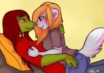 anthro clothed clothing duo eye_contact female female/female fully_clothed hug inside looking_at_another romantic romantic_couple side_view simple_background tail strawberryneko chloe_(chloe.hydraconis) neko_(strawberryneko) domestic_cat felid feline felis lizard mammal reptile scalie