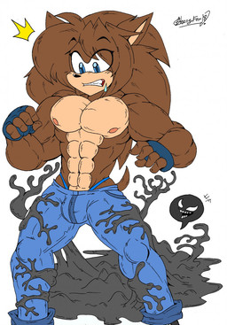 ambiguous_gender attack bottomwear bulge clothed clothing denim denim_bottomwear denim_clothing duo exclamation_point jeans latex male muscular pants scared skimpy topless zhengfox sega sonic_the_hedgehog_(series) 123done4 fan_character eulipotyphlan hedgehog mammal symbiote hi_res