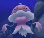 big_breasts breasts busty_feral clothing cnidarian crown dress female feral generation_5_pokemon headgear hi_res jellicent legless looking_at_viewer low-angle_view marine nintendo non-mammal_breasts ole pokemon pokemon_(species) rock solo underwater water
