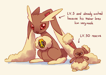 aggressive ambiguous_gender angry blank_stare directional_arrow duo frown male simple_background text x_eyes bedrock bnuuy_(meme) nintendo pokemon buneary generation_2_pokemon generation_4_pokemon lagomorph lopunny mammal pokemon_(species) sunkern 2023 english_text shaded