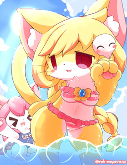 anthro bikini bikini_bottom bikini_top blonde_hair braided_hair clothing cloud duo female fur hair kemono navel one-piece_swimsuit outside partially_submerged pawpads pink_hair red_eyes sky sun swimwear two-piece_swimsuit water wet wet_body wet_fur white_body white_fur yellow_body yellow_fur nakimayo cat_busters domestic_cat felid feline felis mammal absurd_res hi_res watermark