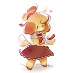 anthro beverage bottomwear candy chocolate clothing container cup dessert eating female food fur happy heart_symbol hot_chocolate midriff ribbons skirt smile solo standing yellow_body yellow_fur panken animal_crossing nintendo isabelle_(animal_crossing) canid canine canis domestic_dog mammal 2021