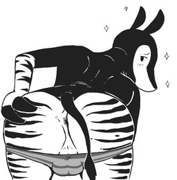 anthro balls bulge butt clothed clothing crossdressing genitals male panties perineum solo spread_butt spreading underwear gud replytoanons_(character) giraffid mammal okapi monochrome