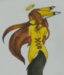 anthro armwear blush brown_hair butt clothing corset_piercing elbow_gloves eyes_closed female fishnet_clothing gloves hair halo handwear nude piercing rear_view solo surface_piercing tail ajna avelynne canid canine fennec_fox fox mammal true_fox traditional_media_(artwork)